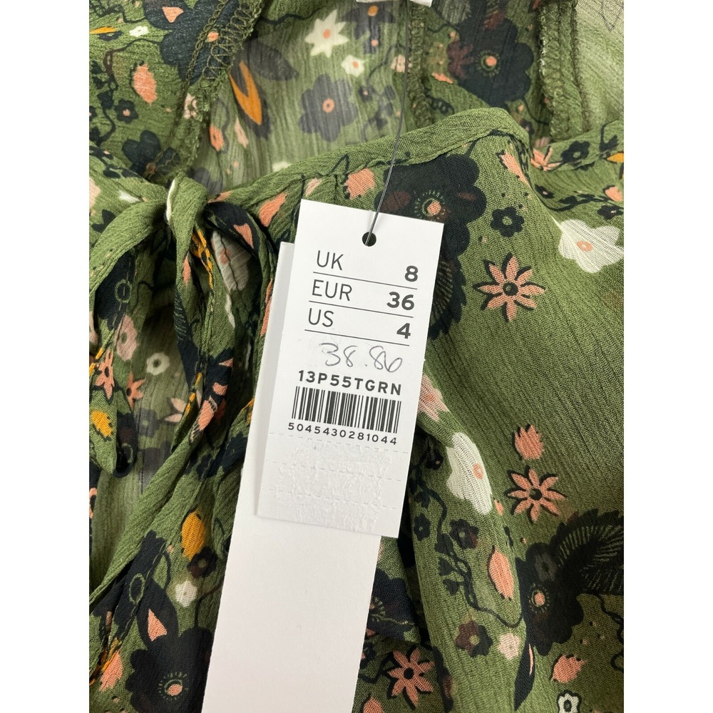 Topshop Blouse Women's Size 4 Green Floral Ruffles Long Sleeve Sheer Soft Top - Picture 9 of 11